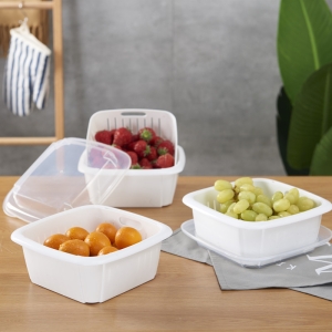 厂家现货批发 新品厨房沥水篮 双层带盖方形蔬菜水果沥水篮洗菜筐